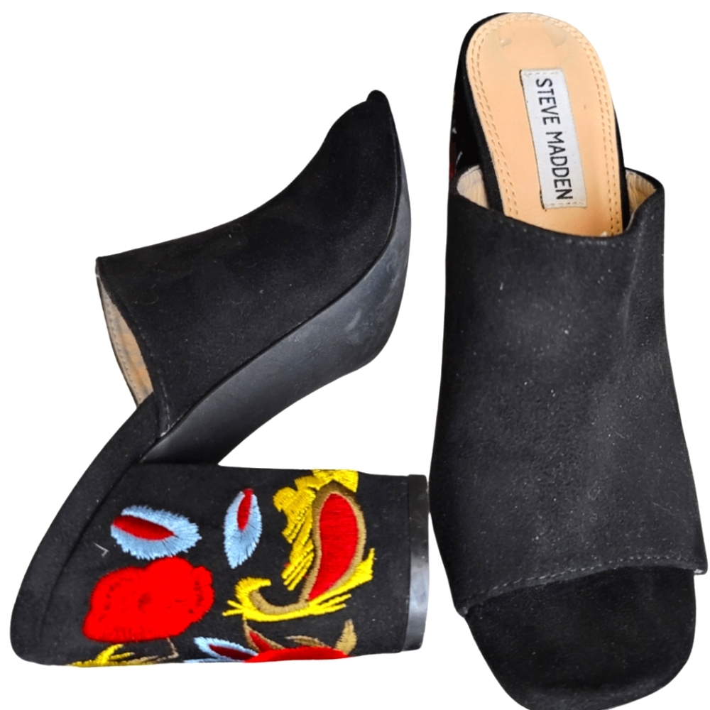 Steve Madden Floral Embroidered Mules Size 8 in Black
